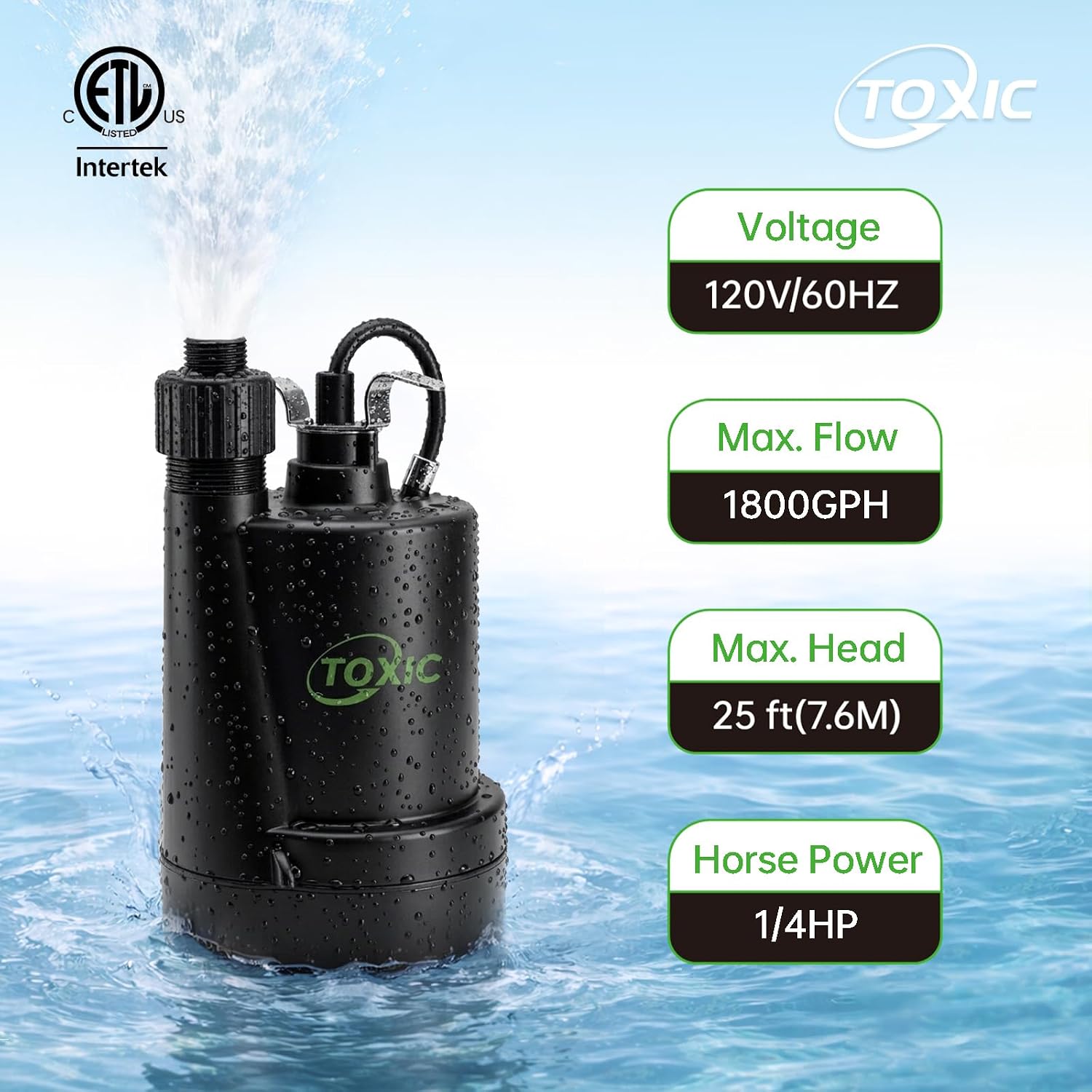 1/4 HP Submersible Sump Pump 1800 GPH Portable Utility Water Pump with 10ft Cord Thermoplastic Construction High Flow Drain Pump for Basement Garden