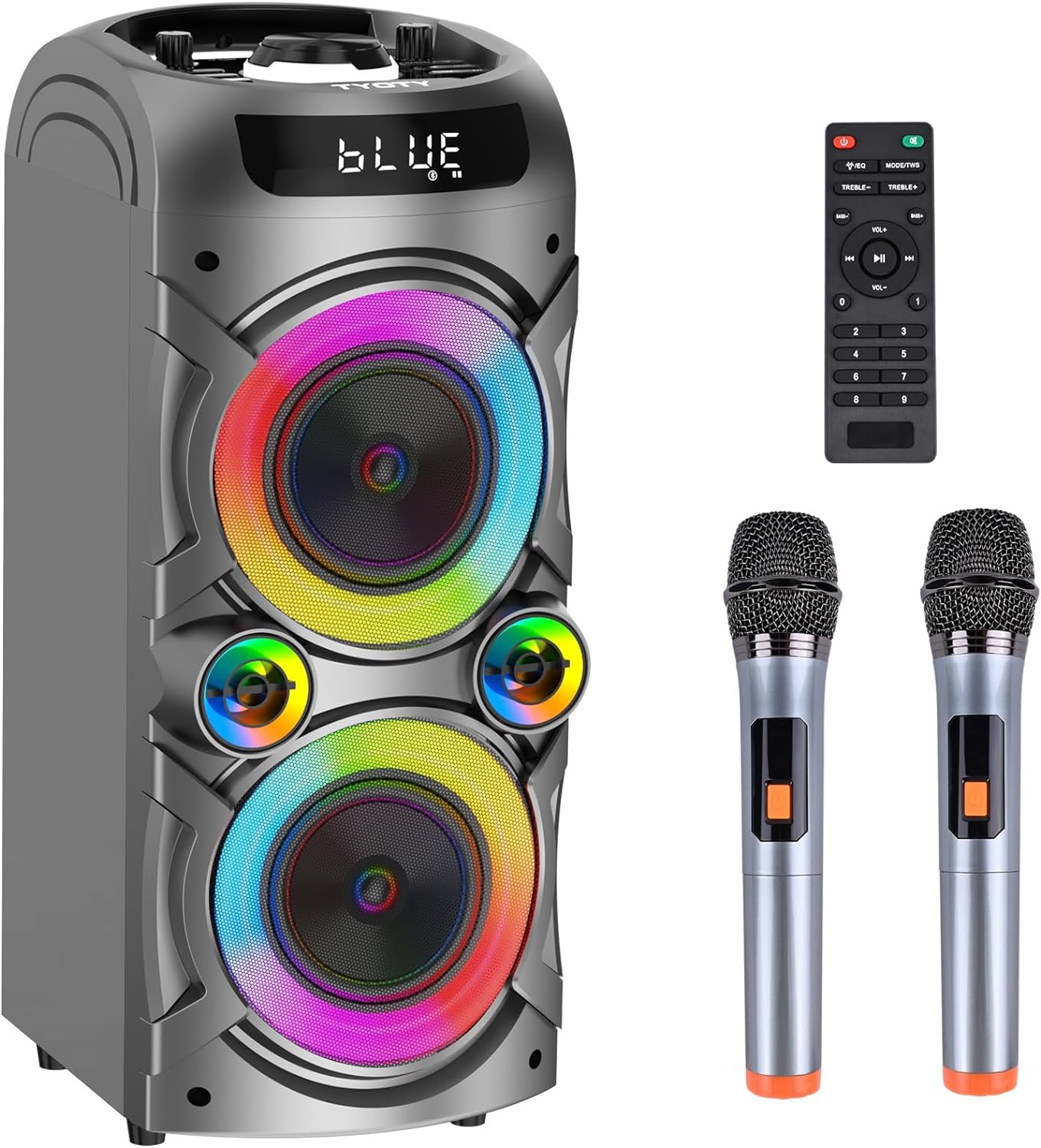 Karaoke Machine with 2 Wireless Microphones, Portable PA System Big Bluetooth Speaker with LED Lights, Remote Control Support Bass/Treble Adjustment