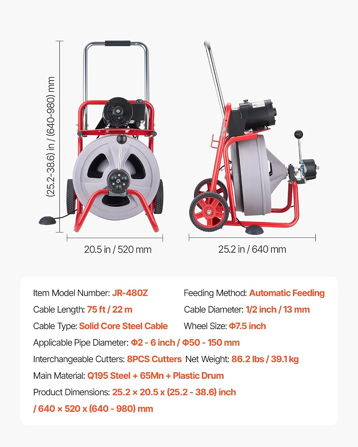 VEVOR Drain Cleaner Machine 100 FT x 1/2 Inch, Auto Feed Sewer Snake Drain Auger on Wheels, Portable Drain Cleaning Machine with 8 Cutters & Air-Activated Foot Switch for 2" to 6" Pipes