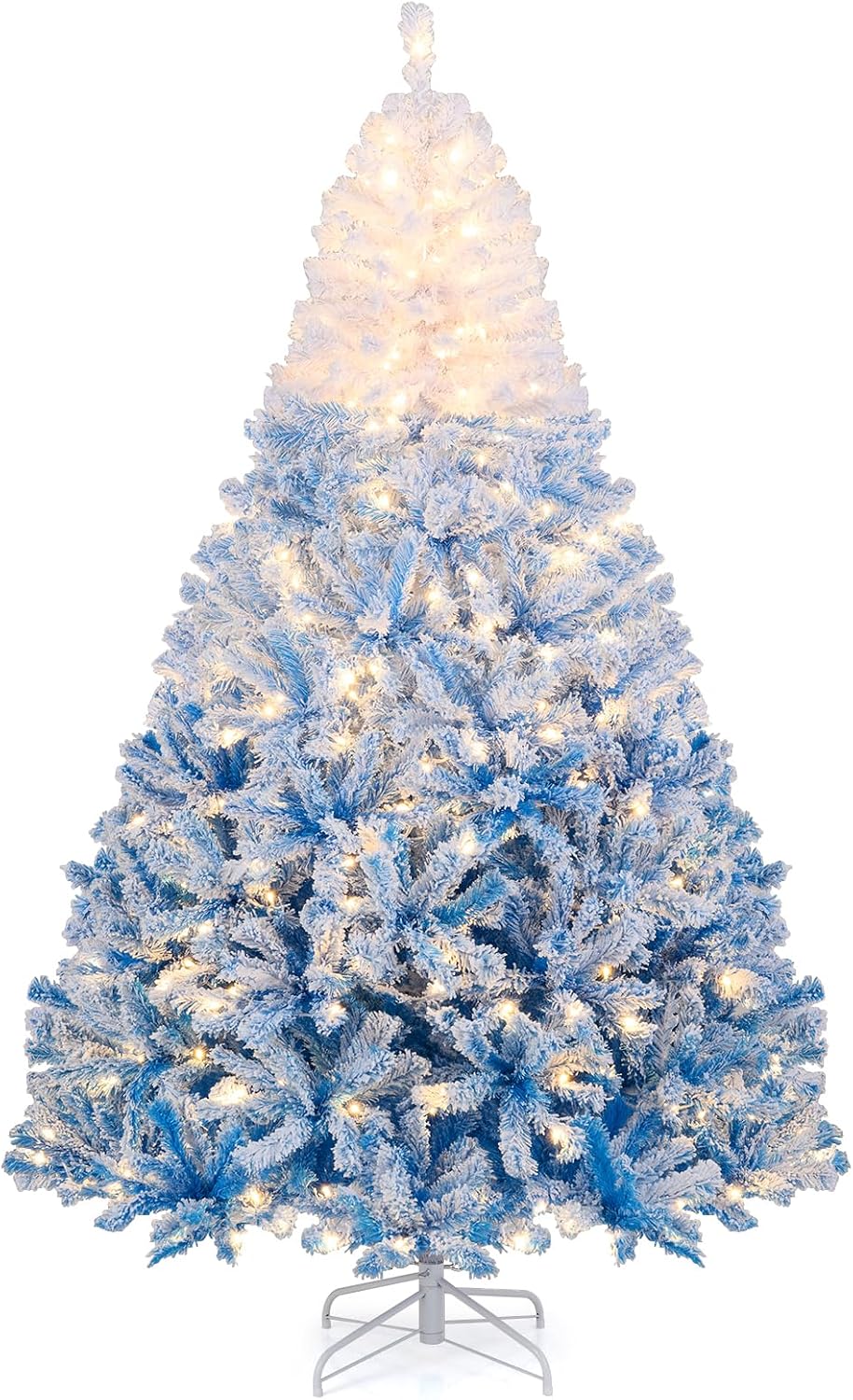 Goplus 7.5ft Pre-Lit Artificial Christmas Tree, Premium PVC Snow Flocked Hinged Pine Tree with Metal Stand and LED Lights