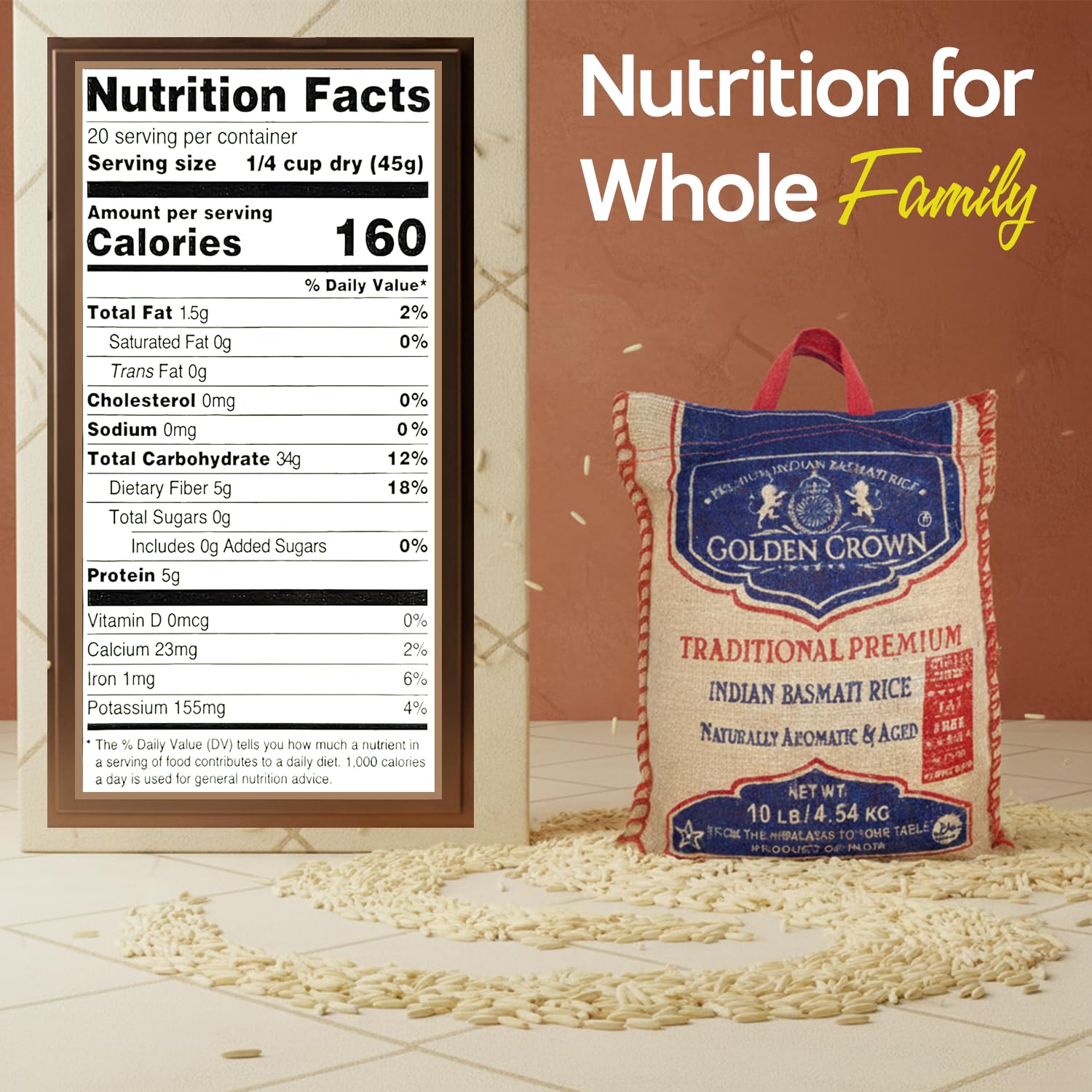 Golden Basmati Rice, 10LB, Gluten Free, Non GMO, Extra Long Grain Rice