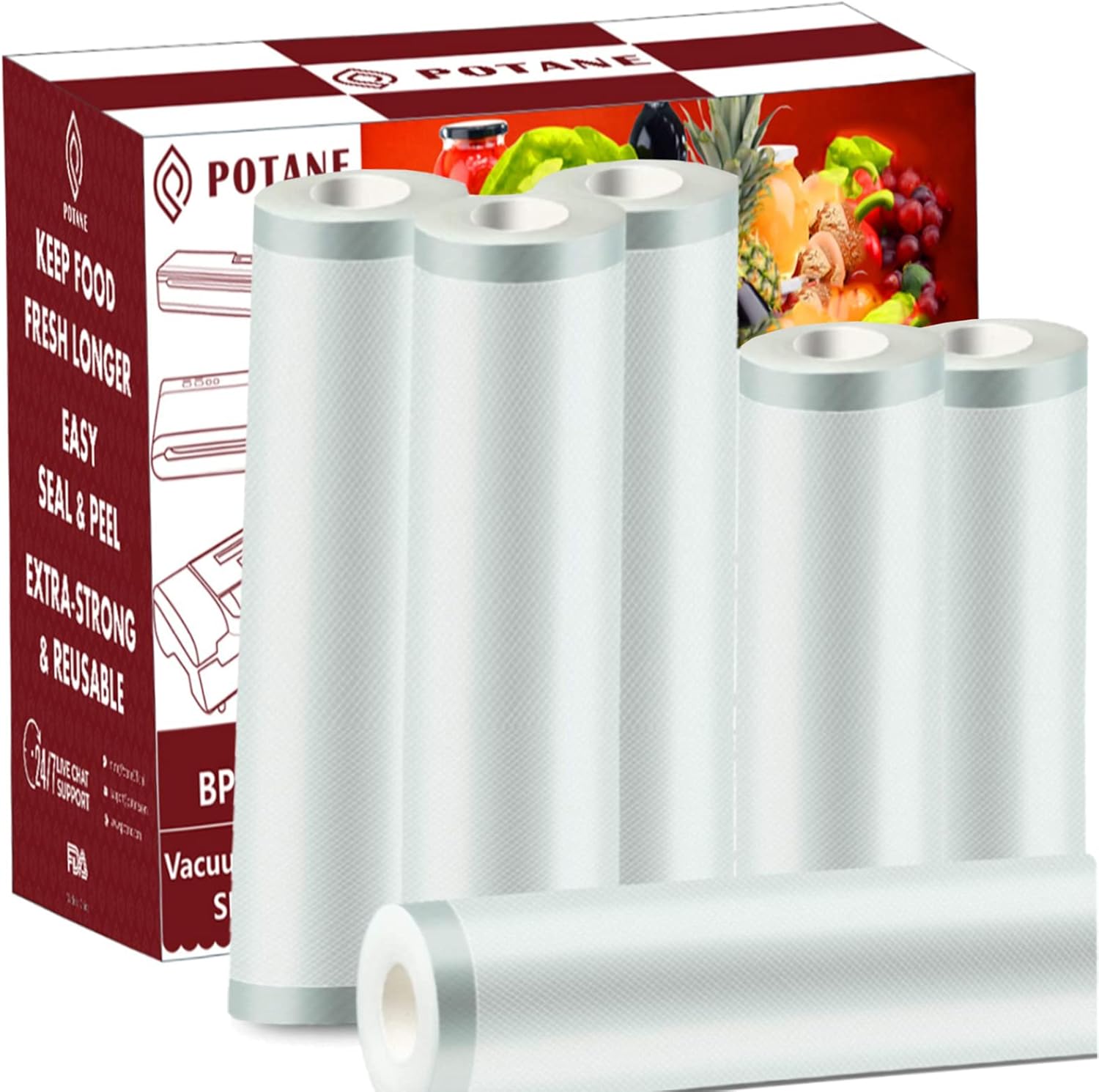 POTANE 6 Pack 11"x20'(3Rolls) and 8"x20' (3Rolls)Thickened Vacuum Sealer Bags, Smell-Proof, Puncture Prevention, Heavy duty for POTANE, Food Saver