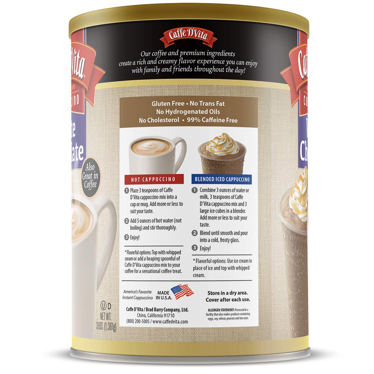Caffe D'Vita Mocha Cappuccino Mix - 4 lb can (64 oz.) | Instant Cappuccino Mix, Gluten Free, No Cholesterol or Trans Fat, 99% Caffeine Free, Mocha