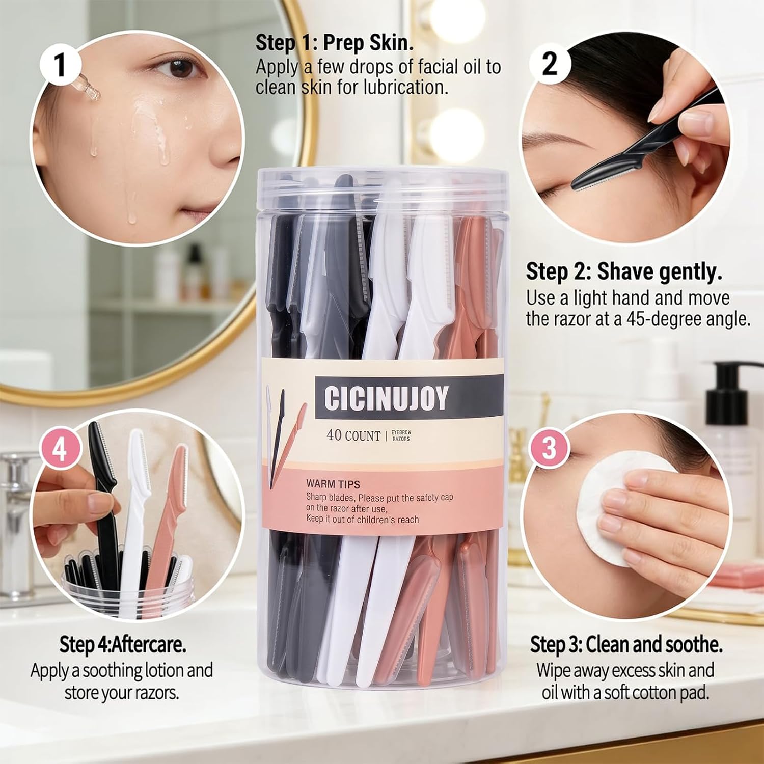 40pcs Dermaplane Razor for Women Face, Stainless Steel Eyebrow Razor