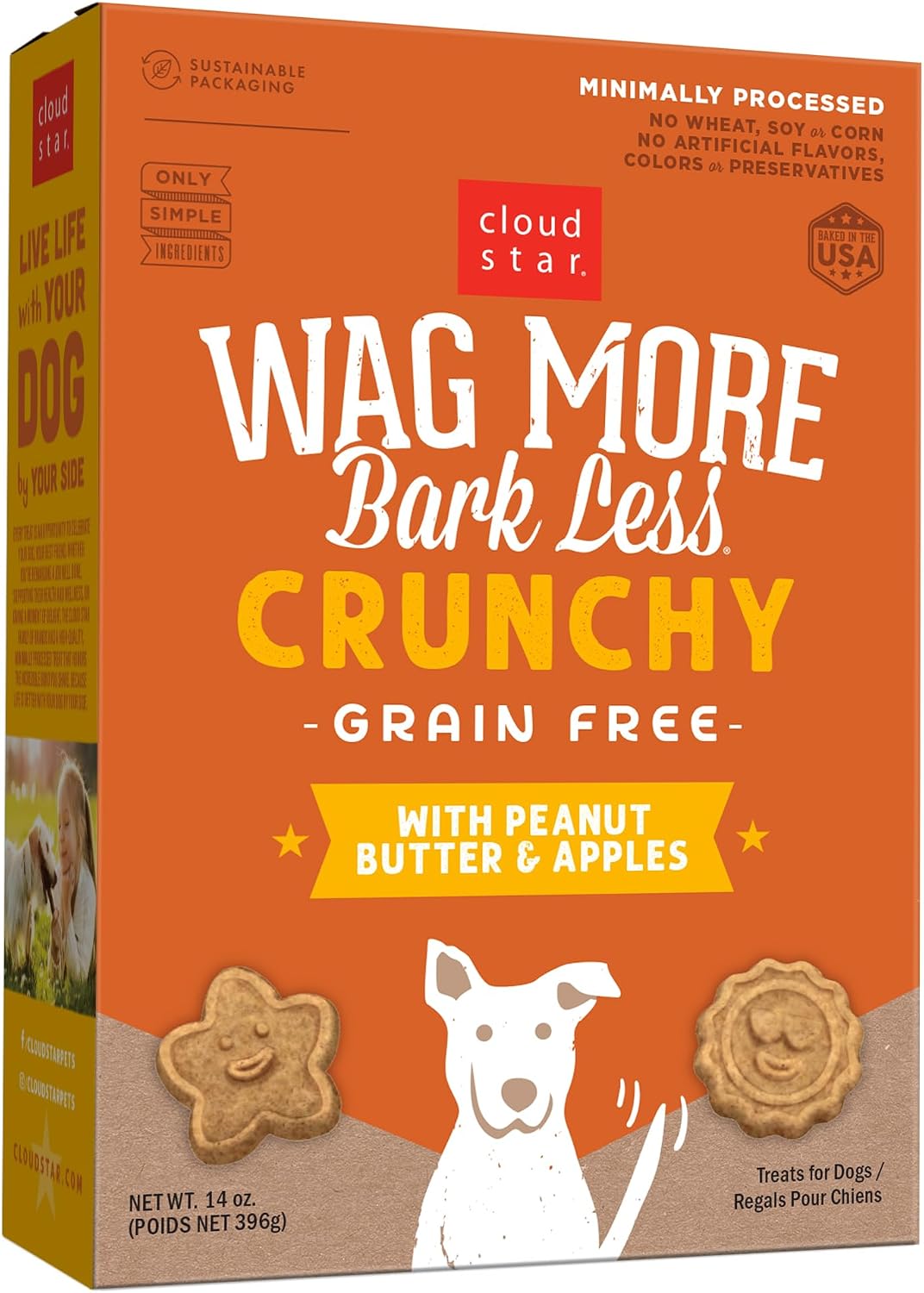 Cloud Star Wag More Bark Less - Dog Treats - Crunchy Biscuits - Grain Free Peanut Butter & Apples - 14 oz Box