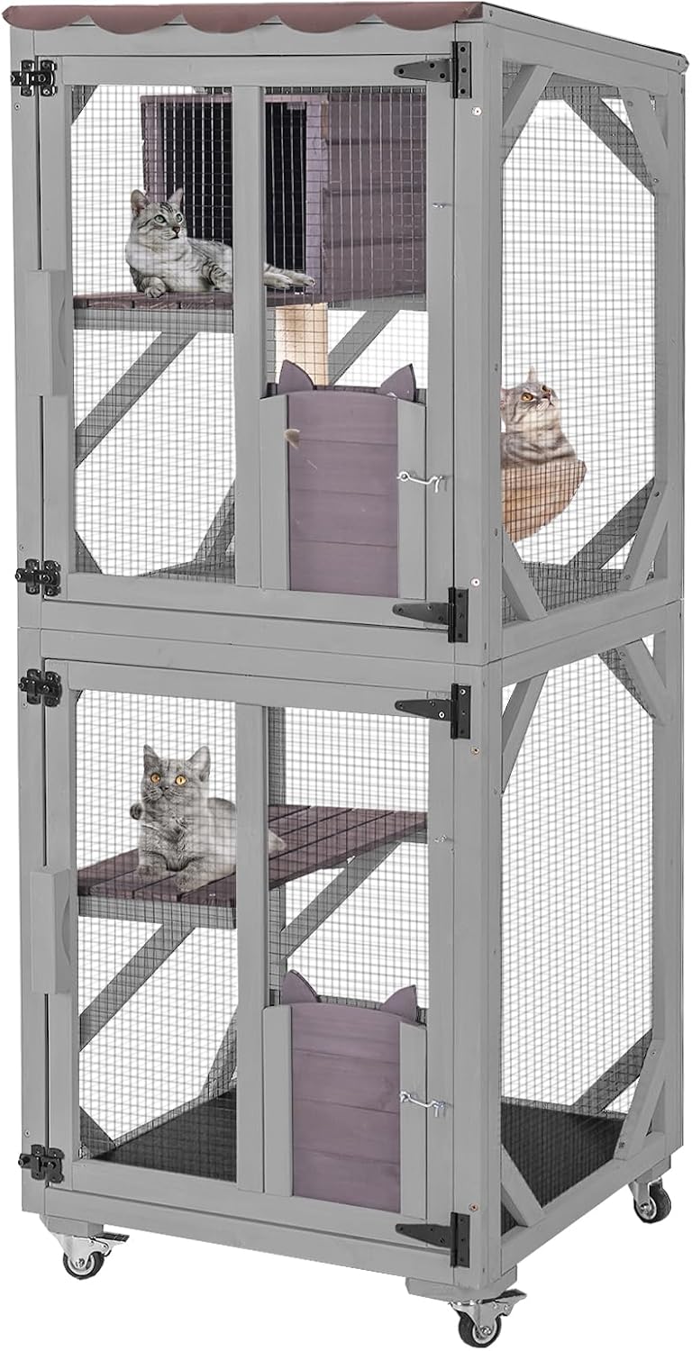 Aivituvin Cat House Outdoor Cat Catio Wooden Large Enclosure with Run on Wheels 70.9" Upgraded Version Catio with Reinforcement Strip