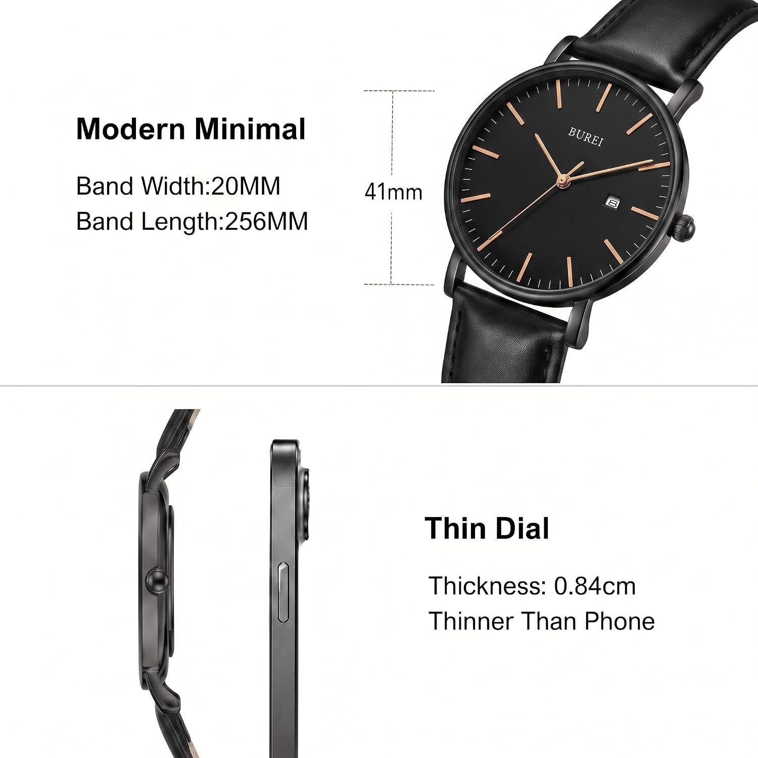 BUREI Men Wrist Watches Fashion Minimalist Thin Analog Quartz Waterproof Watches for Men, Refined Gifts for Men, Boyfriend, Husband, Dad