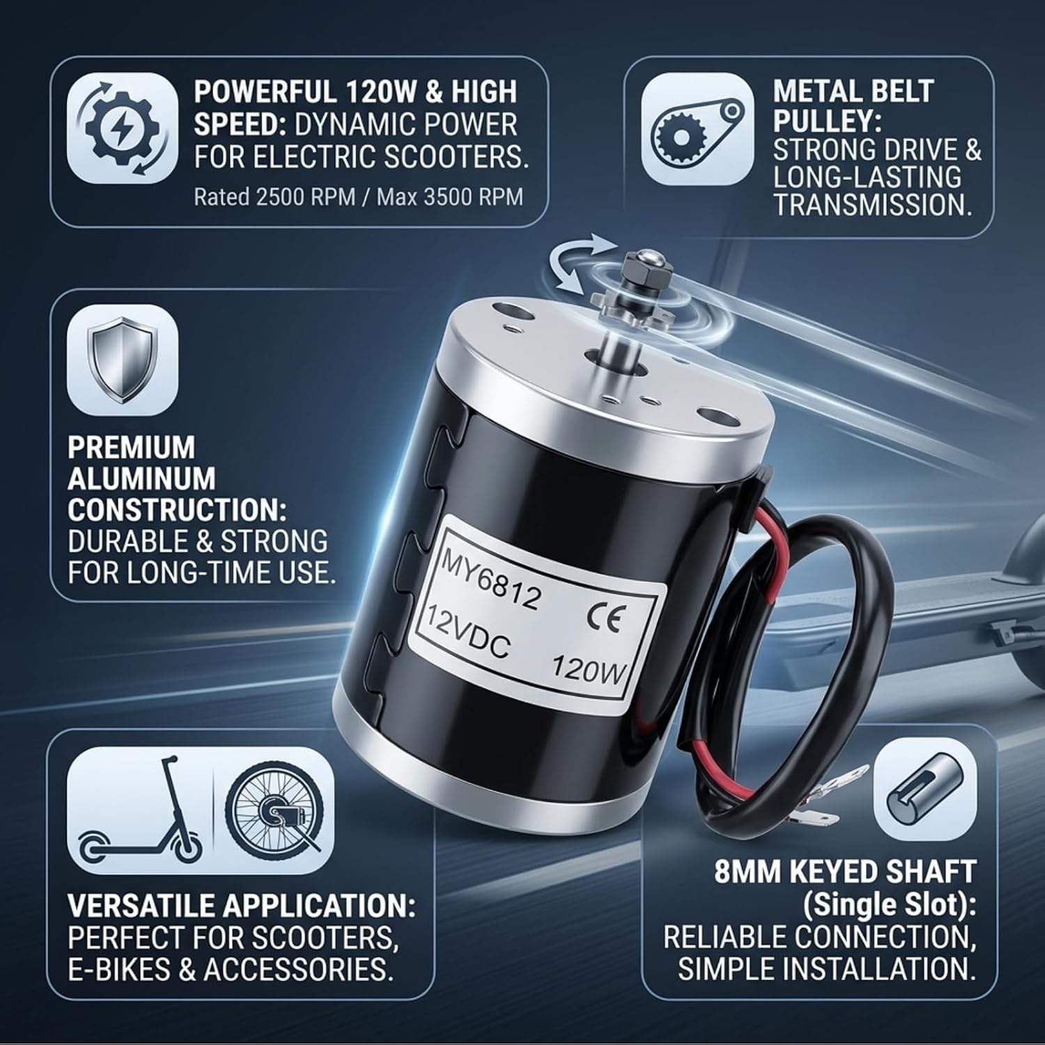 Electric Scooter Motor 12V 120W, Electric Brushed Motor High Speed Small Brush Motor with Belt Pulley E Scooter Accessory, Pulse 12v Motor for Scooter