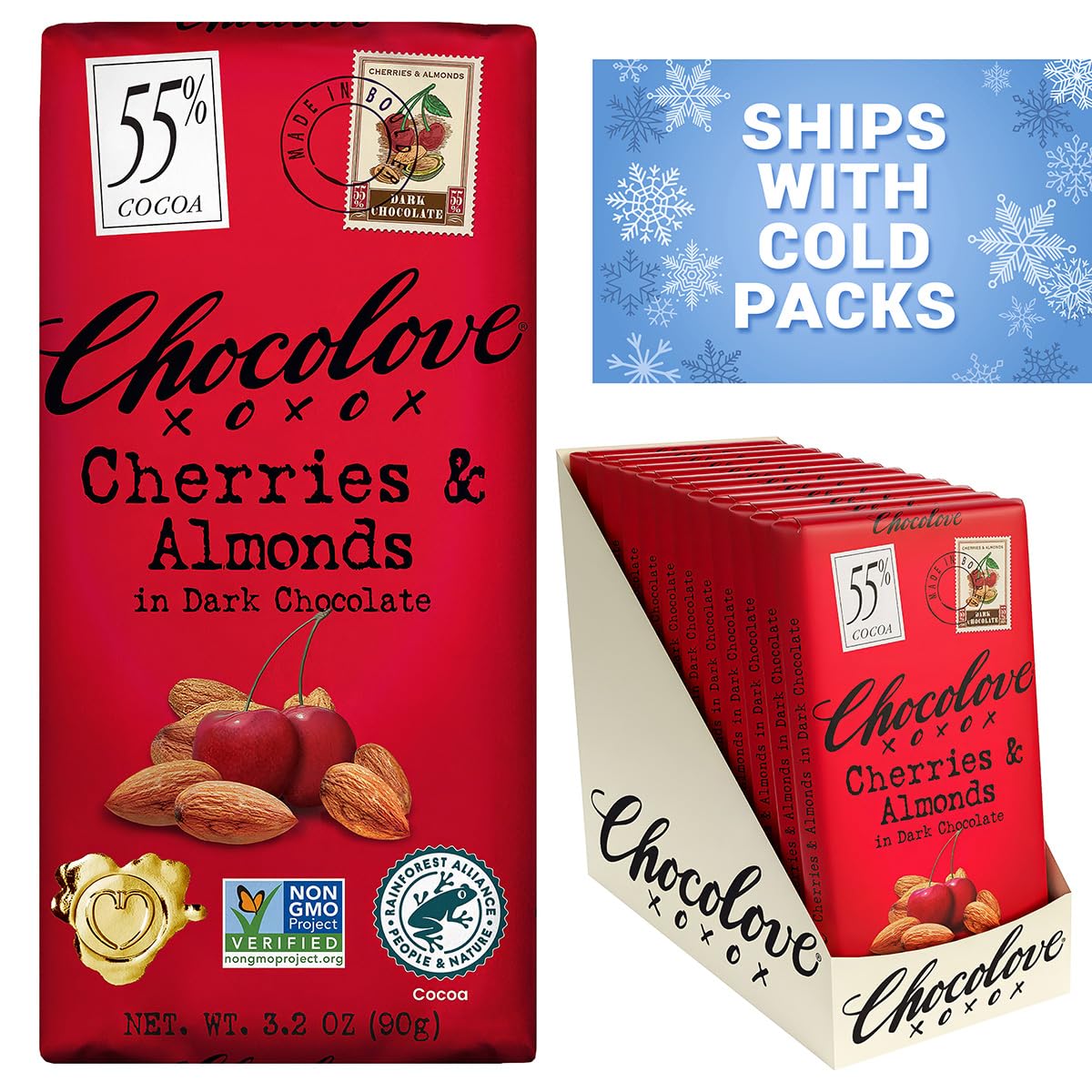 Chocolove Cherry & Almonds Dark Chocolate Bars | 55% Cocoa | Infused with Real Cherries & Crunchy Almonds | Crafted with Premium Chocolate | 3.2 oz Bar (12 Pack)