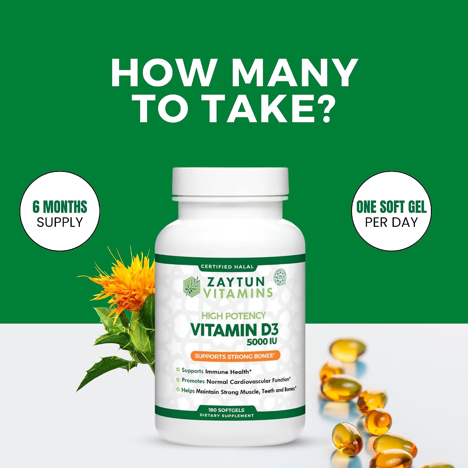 Zaytun Halal Vitamin D3 5000 IU, 6 Months Supply, Supports Bones, Healthy Muscle Function & Immune, Premium Vitamin D from Safflower Oil, Non-GMO