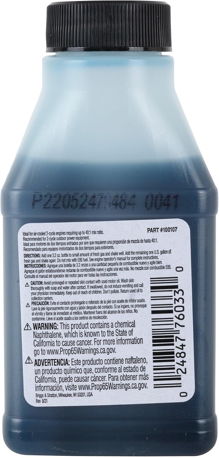 Briggs & Stratton 100107 2-Cycle Low Smoke Engine Oil, 50:1 mix, 3.2 oz Bottle