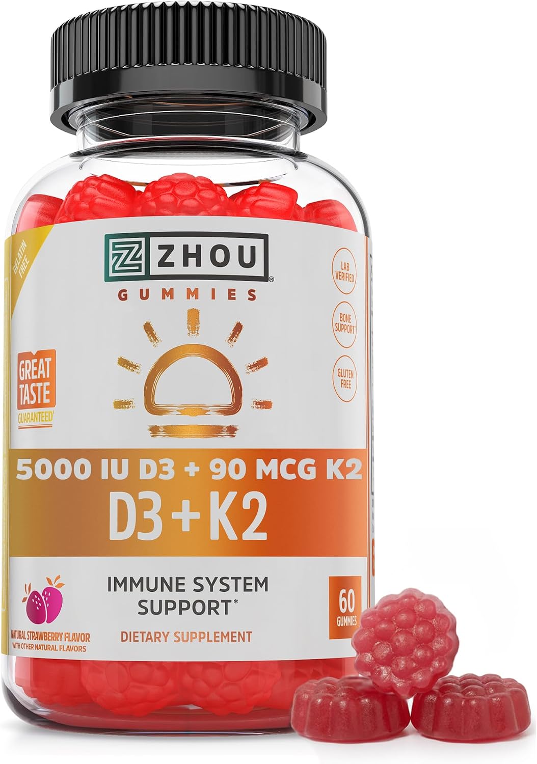 Zhou D3+K2 Supplement - 60 Veggie Gummies (Pack of 1)
