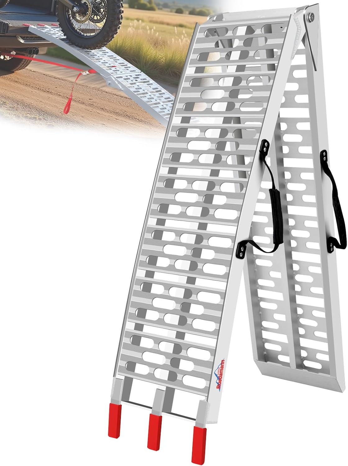 Ruedamann 7.5FT Aluminum Motorcycle Ramp, 750 lbs Capacity, 1 PC | Folding Truck Ramp for ATV, Motorcycle, Lawn Mower, Bike Ramp for Truck, Anti-Slip Loading Ramp for Dirt Bike