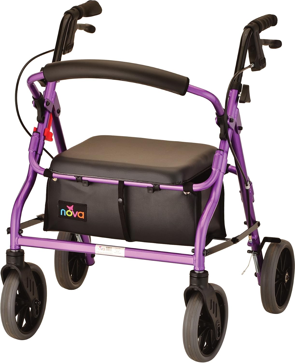 NOVA Zoom 22 Rollator Walker for Seniors, Rolling Walker with Locking Hand Brakes, Padded Seat & 8" Wheels, Lock N Load for Easy Transport & Storage, Adjustable Height 5'5"–6'1", Red