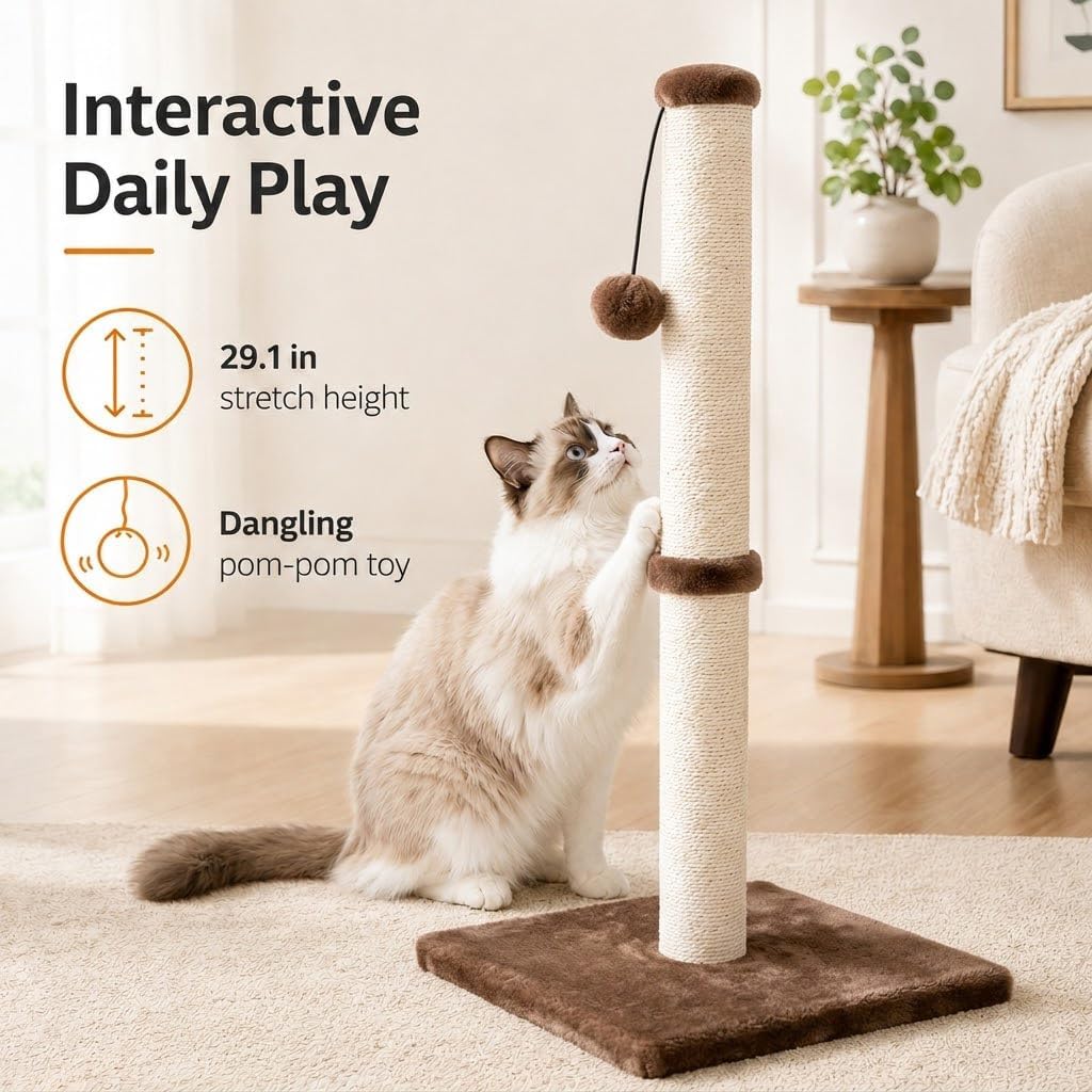Dimaka 29" Height Tall Cat Scratching Post, Claw Scratcher with Sisal Rope and Covered with Soft Smooth Plush, Vertical Scratch [Full Strectch] for Standard Size Cats(Grey, 29 inches for All Cats)