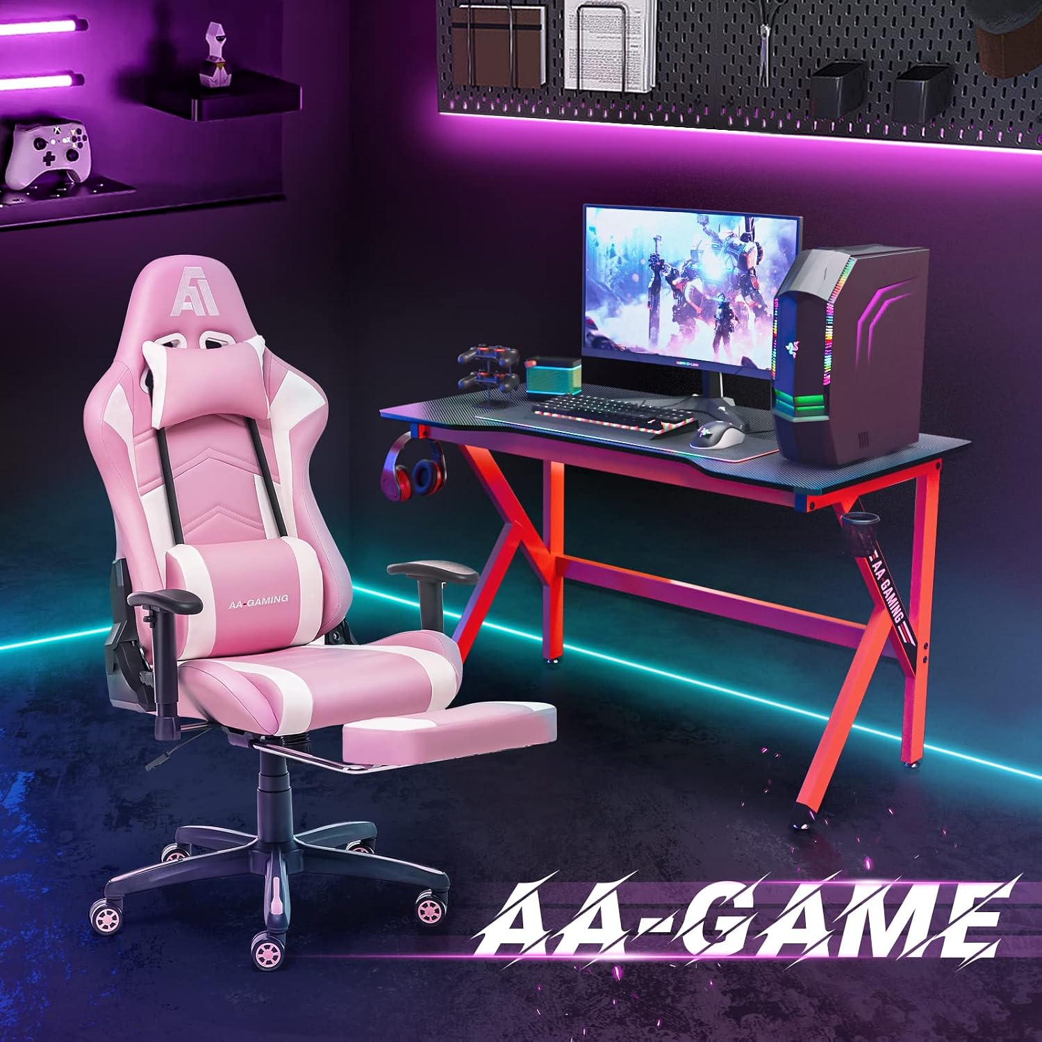AA Products Gaming Chair Ergonomic High Back Computer Racing Chair Adjustable Office Chair with Footrest, Lumbar Support Swivel Chair - Black