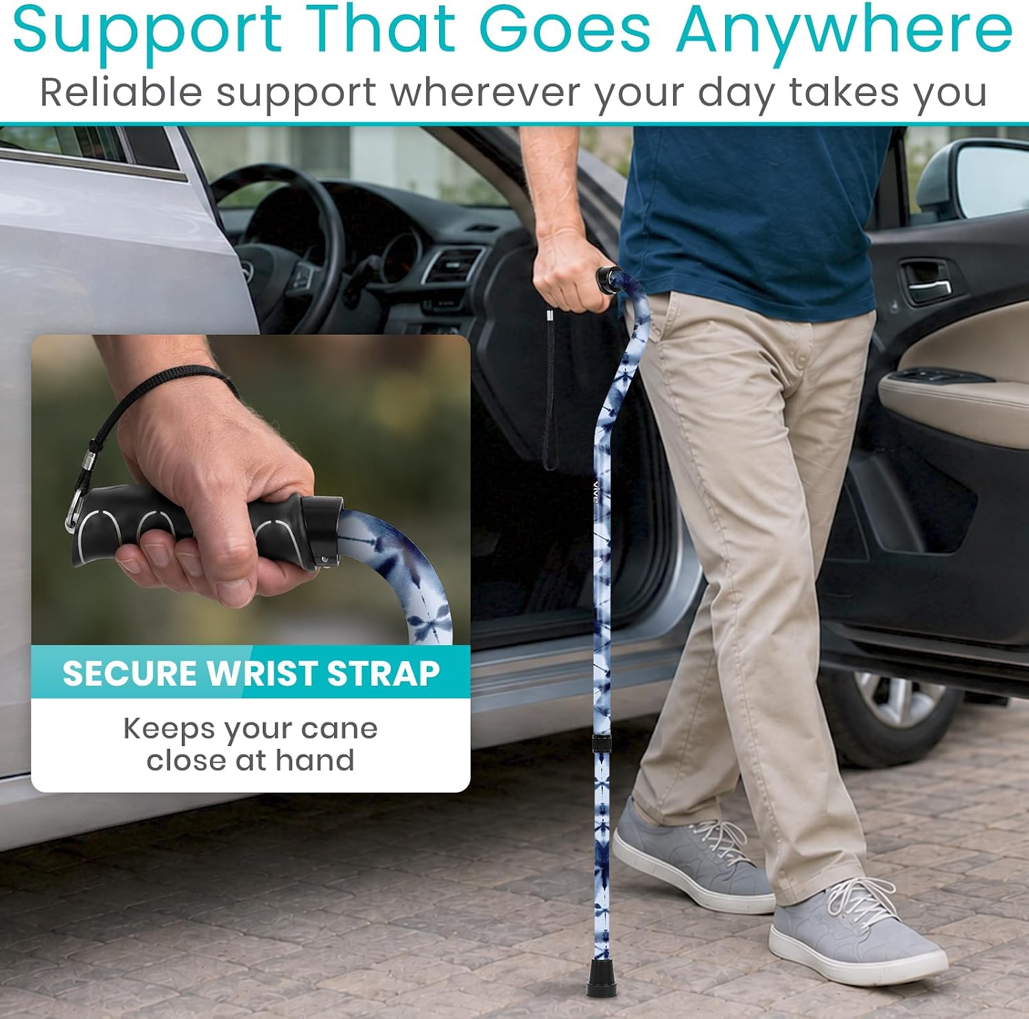 Vive Walking Cane for Women, Men, Elderly - Patented Offset Grip - Lightweight Adjustable Walking Aid with a Non-Slip Tip - Sturdy Balancing Mobility Aid for Seniors
