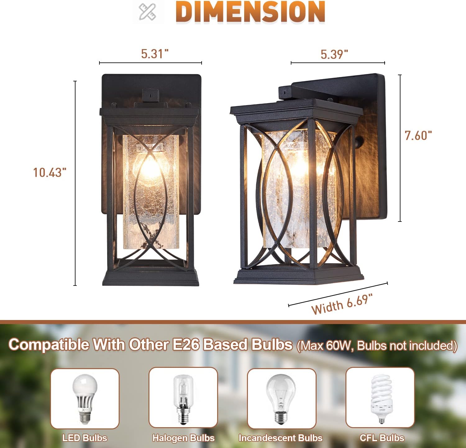 Dusk to Dawn Modern Outdoor Coach Lantern Exterior Light Fixtures Black Aluminum with Crack-Like Glass Waterproof Wall Sconce Mission Outside Light