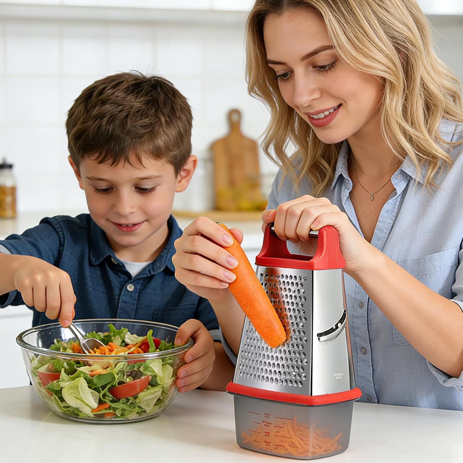Ourokhome Cheese Grater with Handle, Stainless Steel Box Grater, 4 Side Kitchen Vegetable Shredder Slicer Zester with Container for Parmesan, Cabbage