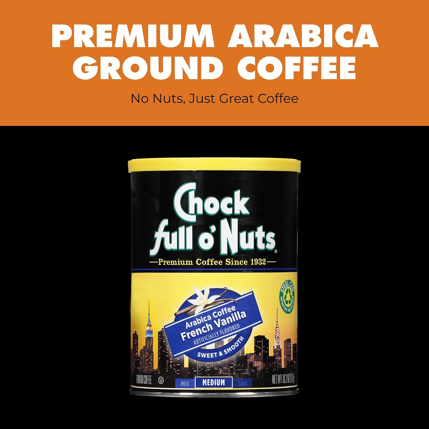 Chock Full o' Nuts French Roast Ground Coffee – Premium Beans in Recyclable Steel Can – Rich Flavor & Aroma, Dark Roast – Perfect for Drip, Pour-Over, Percolator – 26 Oz Can
