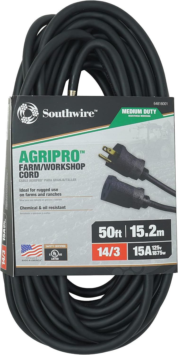 Southwire AGRIPRO 12/3 Heavy Duty Extension Cord, 25ft, Farm/Workshop Cord, SJTOW, Black, 67729001