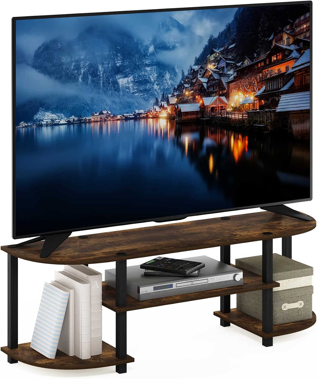 Furinno TURN-S-TUBE 3-Tier TV Stand for TVs up to 55 Inch, French Oak | Toolless Entertainment Center with Open Storage Shelves, Media Console Table with Soundbar Shelf for Living Room, Bedroom
