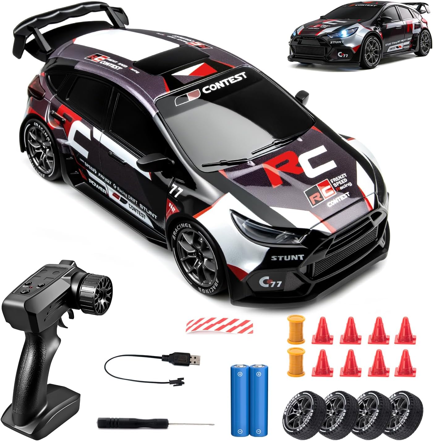 RC Drift Car Purple Racing Livery 1/24 Remote Control Car for Adult | 20KM/H 4WD Low/High Speed RC Cars with LED Lights, Extra Drifting Tires, Vehicle for Kids Boys Girls Beginners Indoor Outdoor