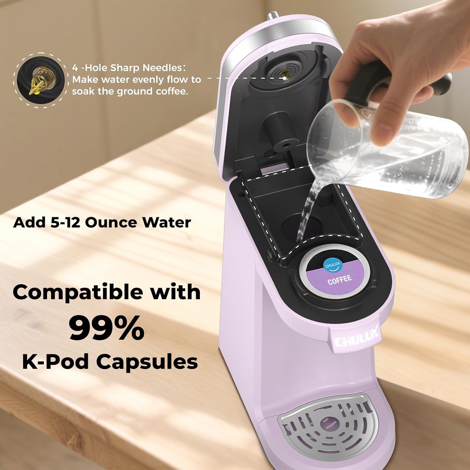 CHULUX Mini Single Serve Coffee Maker for K Pod, Brew Up to 12oz Cup, Black | Fast-Heating Boiler System, Single Cup Brewing, Portable Compact Design, Four-Hole Multi-Stream Needle, Adjustable Drip Tray