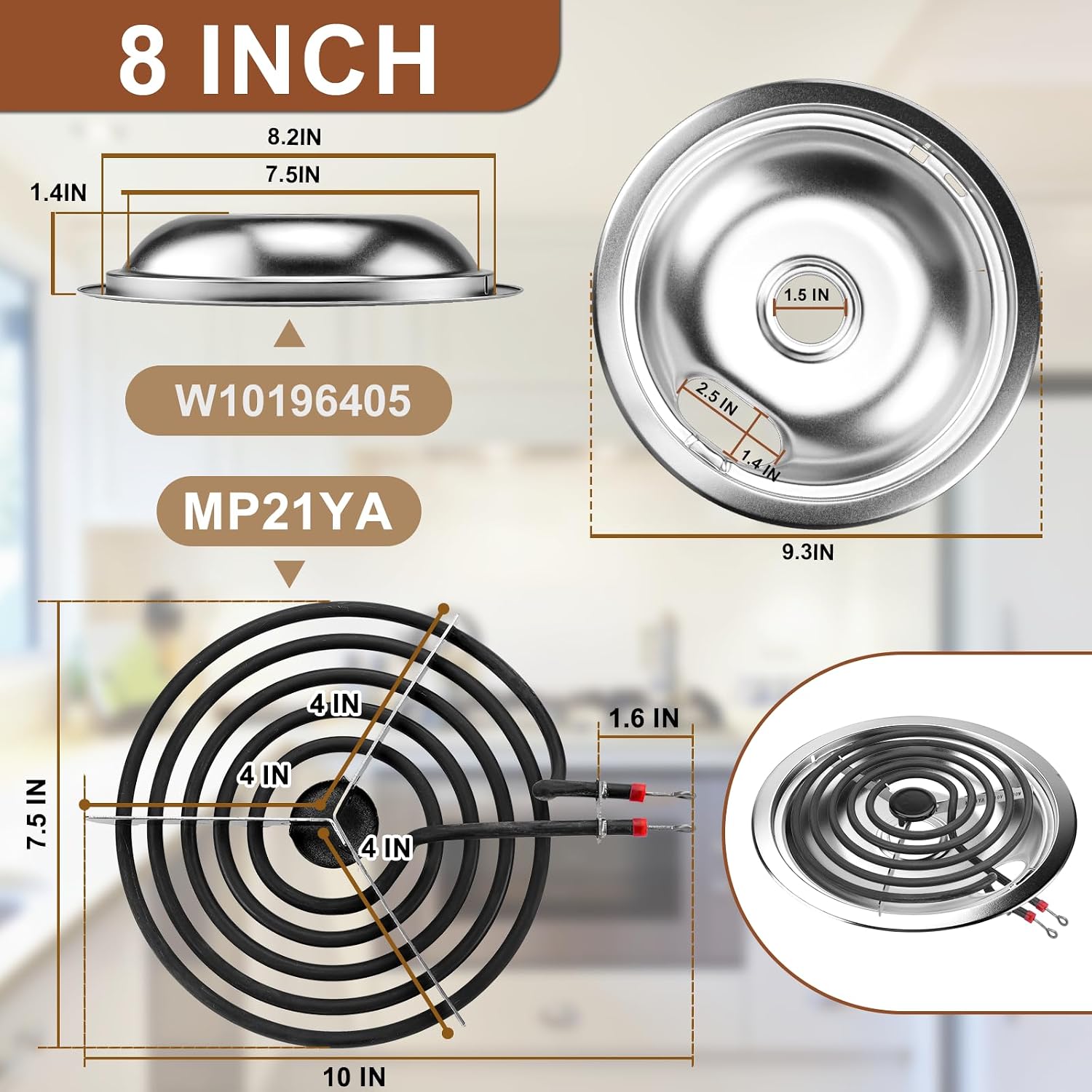 W10290350 W10290353 Porcelain Burner Drip Pans Compatible with Whirl-pool Electric Stove Range Top Drip Bowls Includes 1 Large 8-Inch and 3 Small