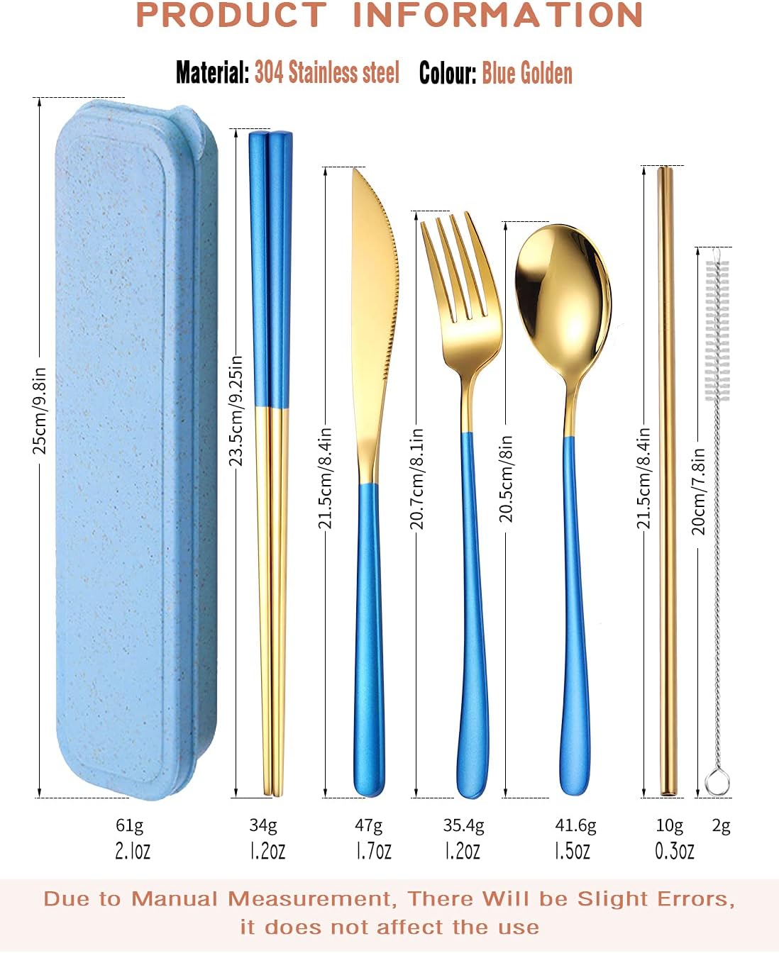 AARAINBOW 6 Pieces 18/8 Stainless Steel Flatware Set Portable Reusable Cutlery Set Travel Utensils Set Including Chopsticks Knife Fork Spoon Straws