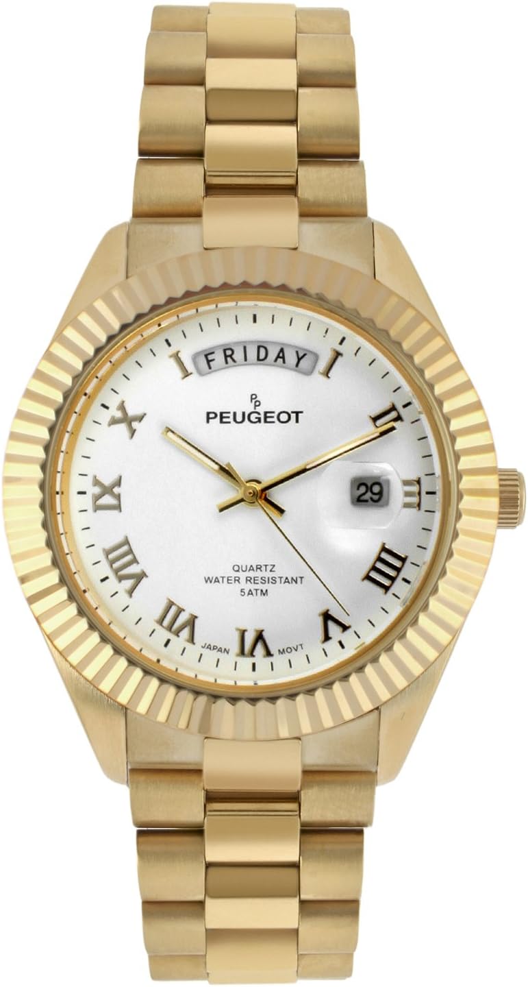 Peugeot Men's Stainless Steel Big Face Luxury Watch with Day Date Windows, Roman Numerals & Coin Edge Fluted Bezel Watch