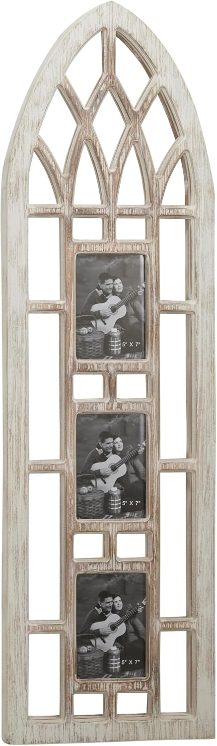 Deco 79 Wooden Wall Photo Frame Slim Arched Window Inspired 3 Slot , 14" x 1" x 47", Light Brown