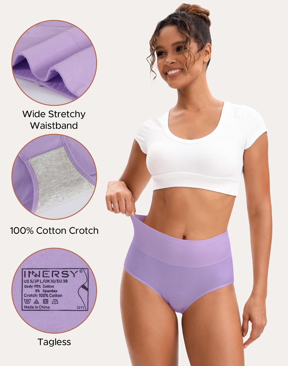 INNERSY Women's High Waisted Underwear Cotton Panties Regular & Plus Size 5-Pack