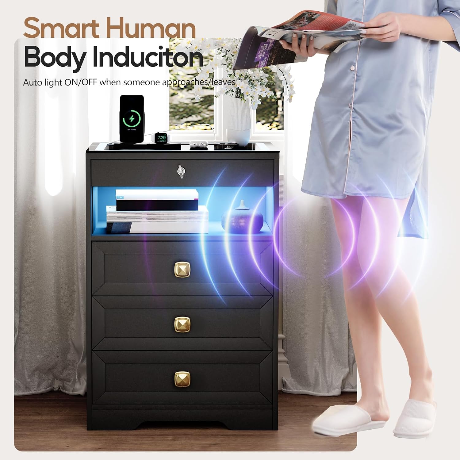 Smart LED Nightstand with Lockable Gun Drawer & Glass Top（Black） | Modern Bedside Table with Charging Station and Hidden Storage, LED Night Stand with 4 Drawers & Motion Sensor for Bedroom