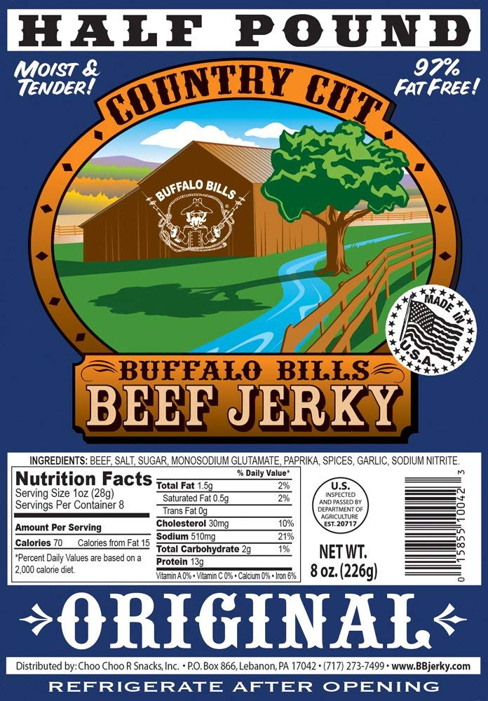 Buffalo Bills Mesquite Country Cut smoked Beef Jerky, Moist & Tender, 8 Oz | Mesquite Beef Jerky, Made In USA, High Protein, Low Carb, For Work, Trips, On-The-Go Snacking, Smoky Flavor, Hot Snacks