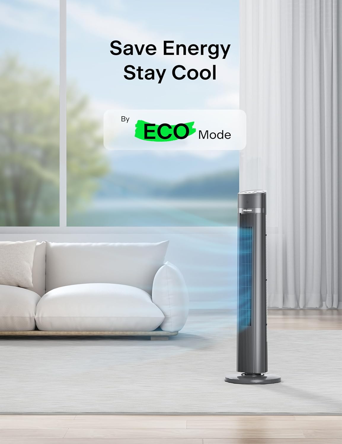 PELONIS 40-inch Bladeless Tower Fan for Bedroom, Standing Fan with Remote Control, 26ft/s, 90° Oscillation, 3 Speed Settings, 27 dB, 3 Modes