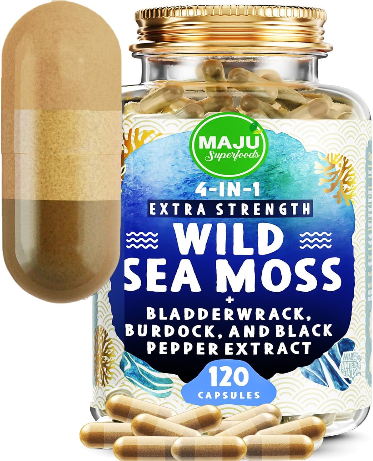 MAJU 4-in-1 Organic Sea Moss Capsules, Wild Chondrus Crispus, Seamoss w/Bladderwrack + Burdock Root, Stronger Than Gel, Irish