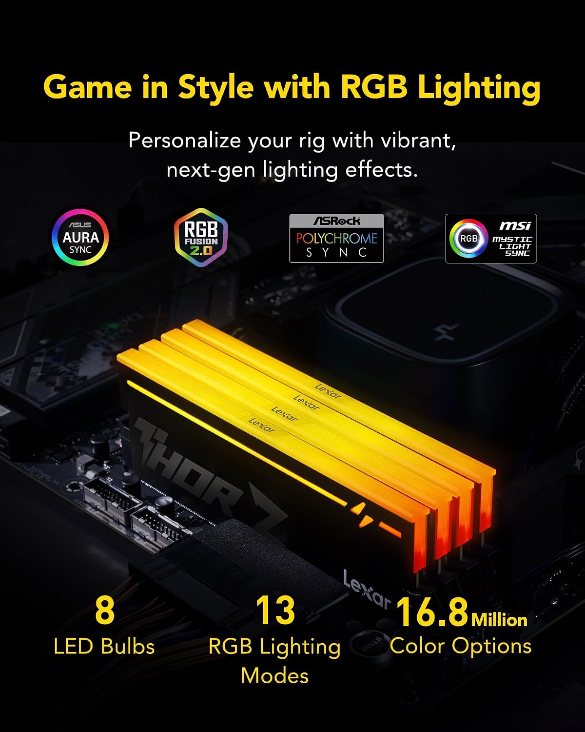 Lexar Thor Z RGB DDR5 RAM 32GB Kit (2x16GB) 6000MHz CL38 DRAM 288-Pin UDIMM | Supports Intel XMP 3.0 & AMD EXPO On-die ECC, PMIC, 1.35V High-Performance PC Computer Memory for Gaming, AI