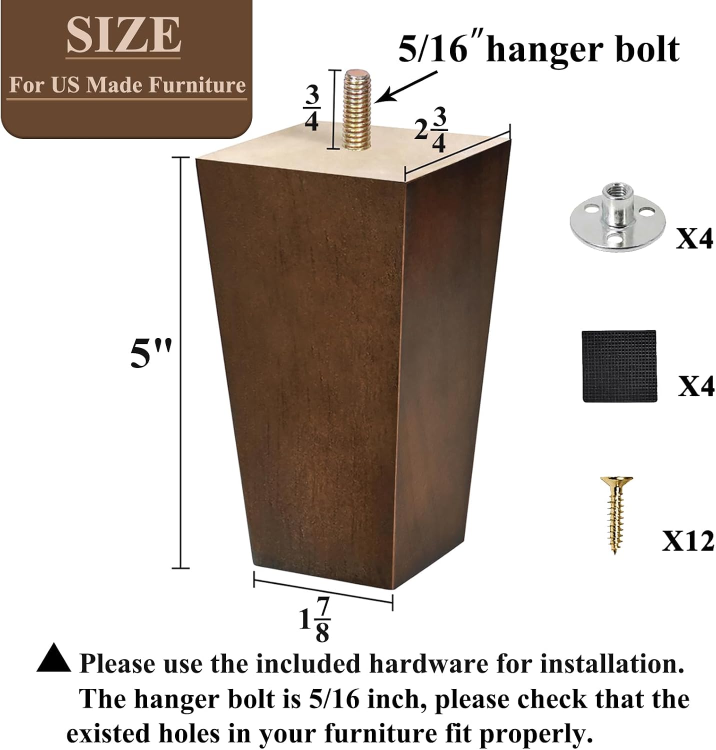Sofa Legs Square Bed Feet 2 inch Wood Replacement Leg for Furniture Set of 4, Dark Brown