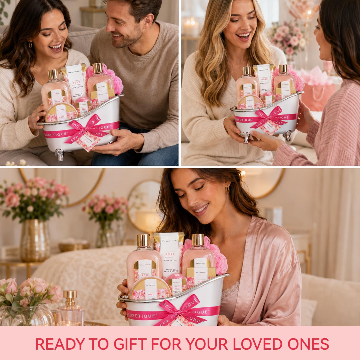 Self Care Gifts for Women, Spa Luxetique 8pcs Daisy Bath and Body Gift Baskets for Her, Bath Set with Bubble Bath, Lotion, Christmas Gifts for Mom