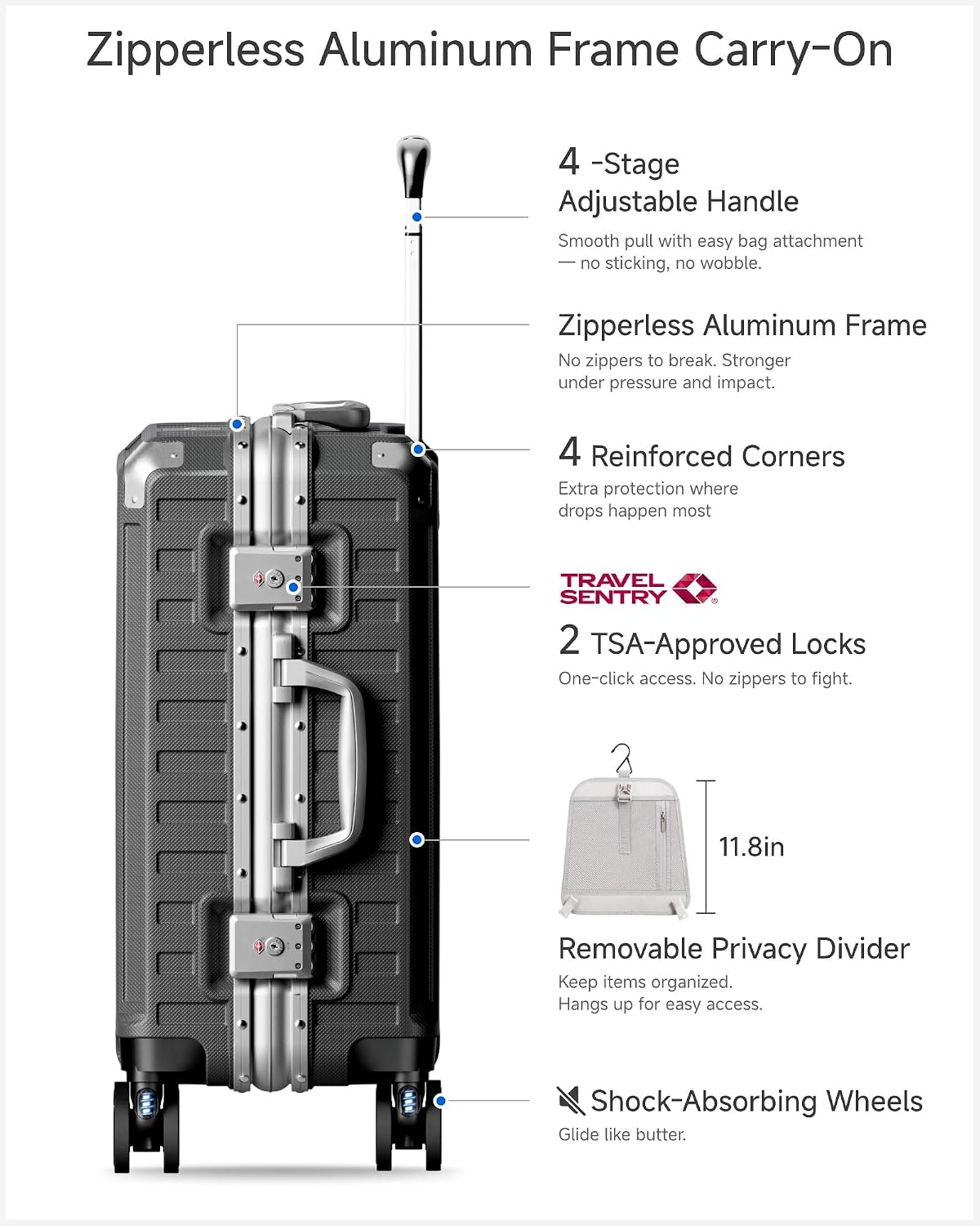 LUGGEX Zipperless Checked Suitcase, Aluminum Frame, Charcoal Metallic, 28" | Checked Luggage, 100% PC Hard Shell, 8010S Aluminum Frame, 8 Spinner Wheels, TSA Lock, Hard Shell, ZX-Core
