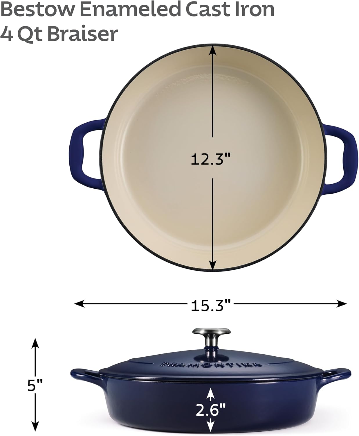 Tramontina Bestow Enameled Cast Iron 4-Qt Braiser Pan with Lid, Blue | Oven-to-Table Casserole Dish, Great for Shallow Braises & Simmers