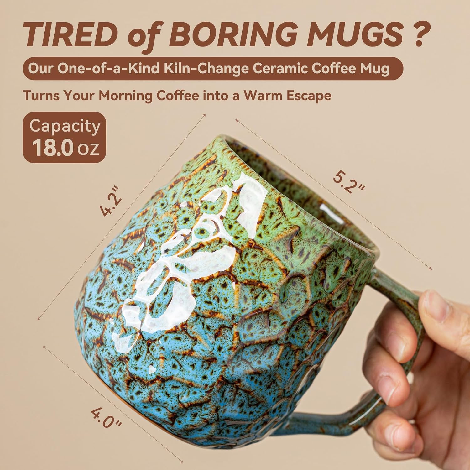 18oz Unique Kiln-Change Ceramic Coffee Mug, Handcrafted Hammered Texture Ceramic Mug with Ergonomic Handle, Microwave & Dishwasher Safe