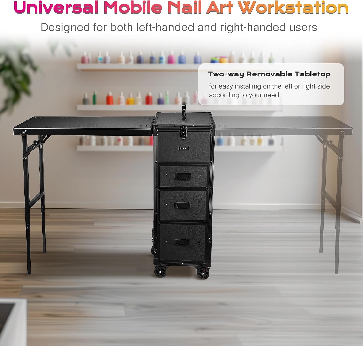 BYOOTIQUE Portable Nail Desk with 4 Storage Drawer Rolling Manicure Table