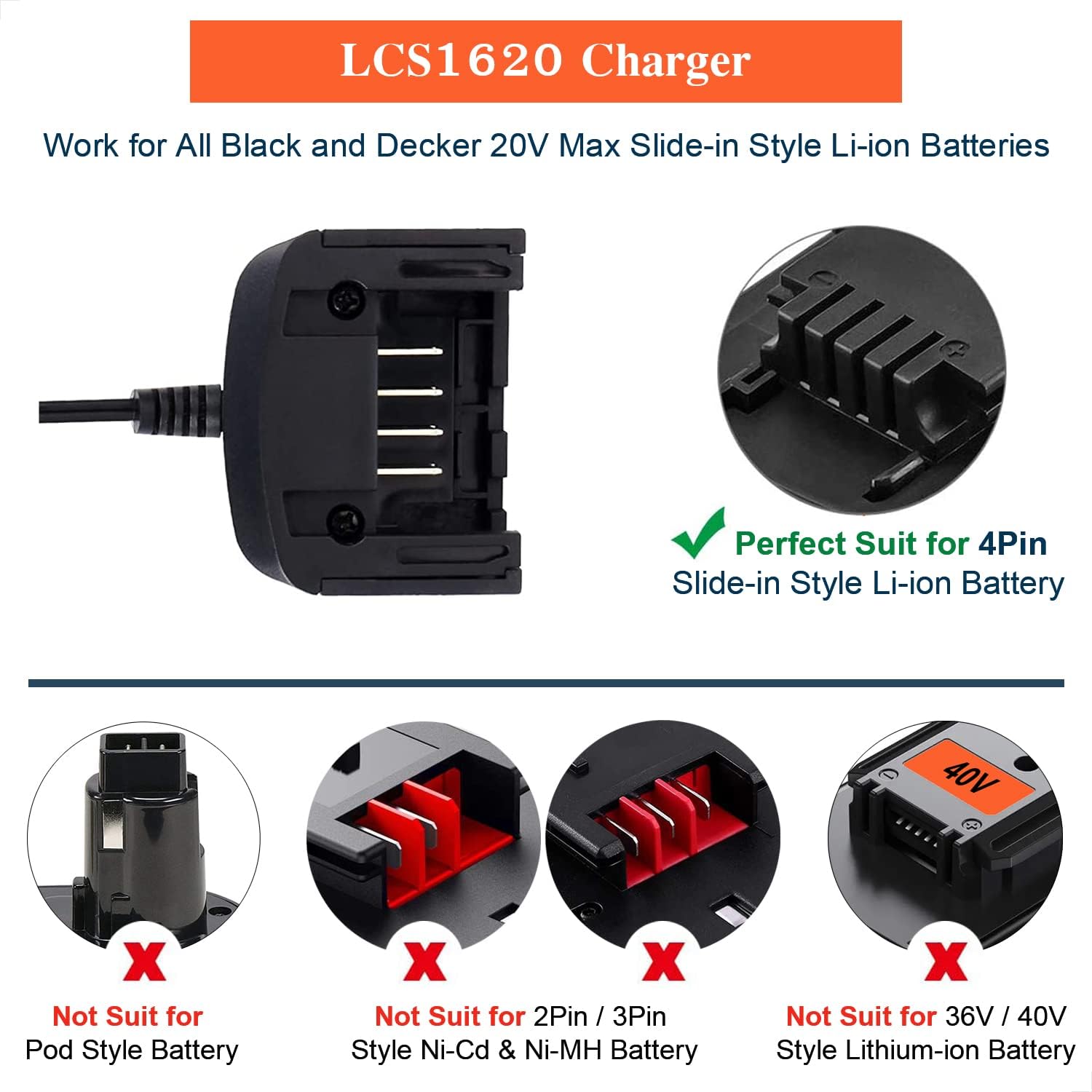 LCS1620 20V Lithium Battery Charger Compatible with Black and Decker 20V Max Li-ion Battery LBXR2020 LBXR20 LBXR2020-OPE LB2X4020 Replacement for