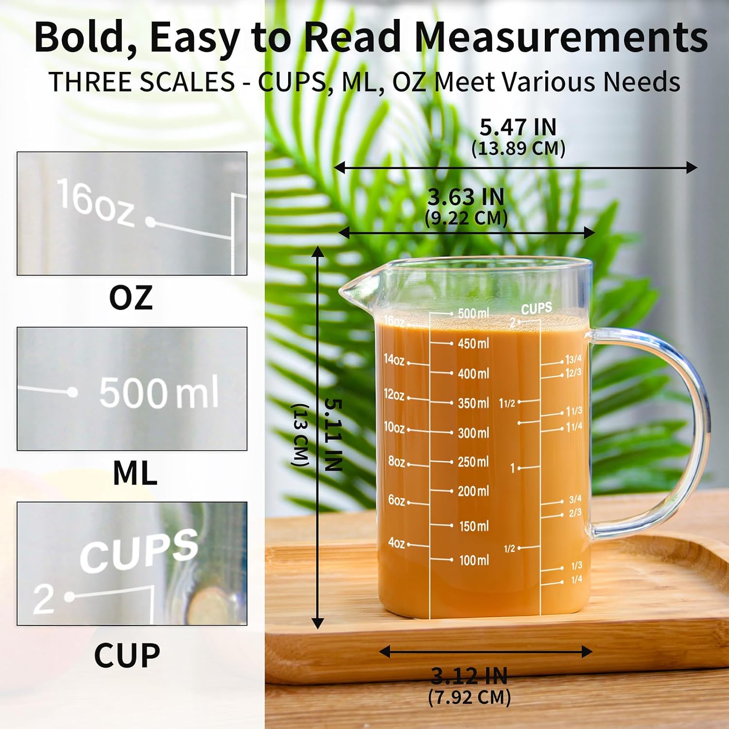 2 Cup Glass Measuring Cup, [Insulated handle, V-Shaped Spout], High Borosilicate Glass Measuring Cup for Kitchen or Restaurant, Easy To Read, 500 ML (0.5 Liter, 2 Cup)