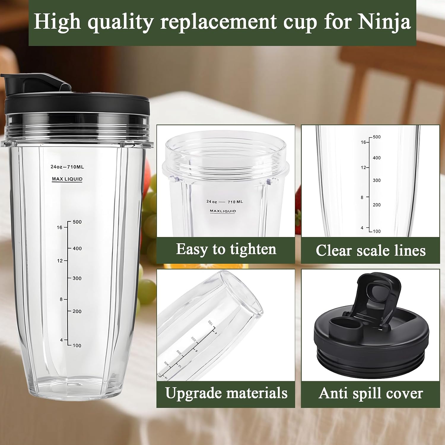 Blender Replacement Parts for Ninja, 24oz Ninja Blender Cups with To-Go Lids