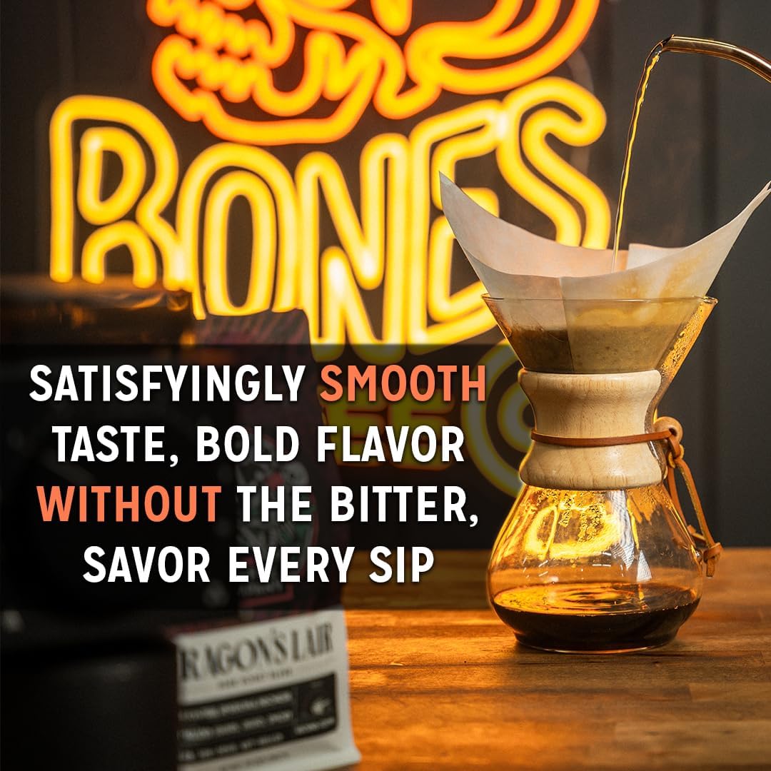 Bones Coffee Company Highland Grog, Butterscotch Caramel Flavored Coffee, Medium Roast Low Acid Arabica Beans Compatible with Auto drip and French Press Coffee Maker, 12 Oz Whole Bean