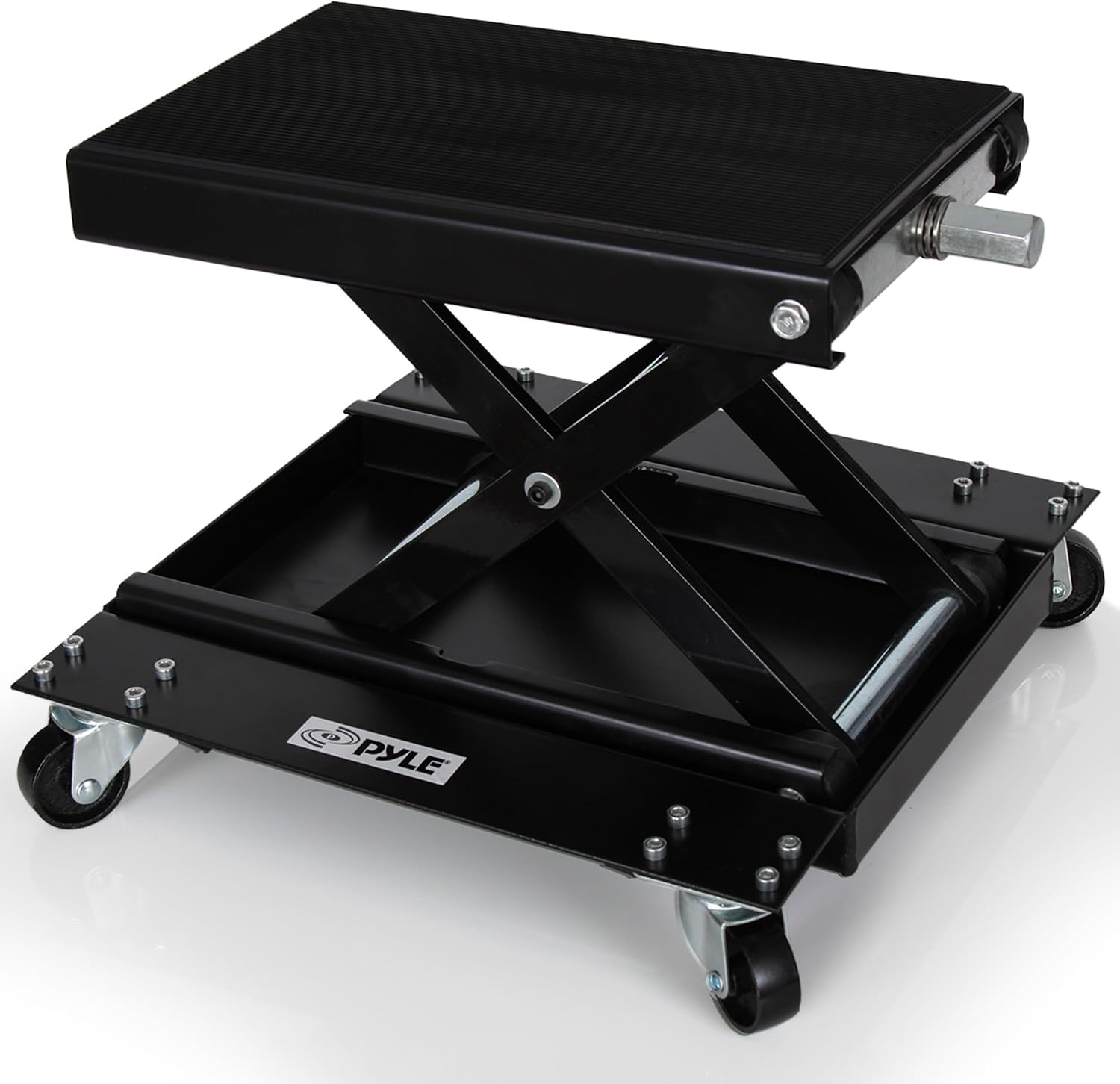 Pyle Motorcycle Lift, Scissor Jack, Dolly, Heavy Duty Steel, 1100 lbs Capacity, Black Powder Coat, Anti-Skid Rubber, Collapsible, Portable