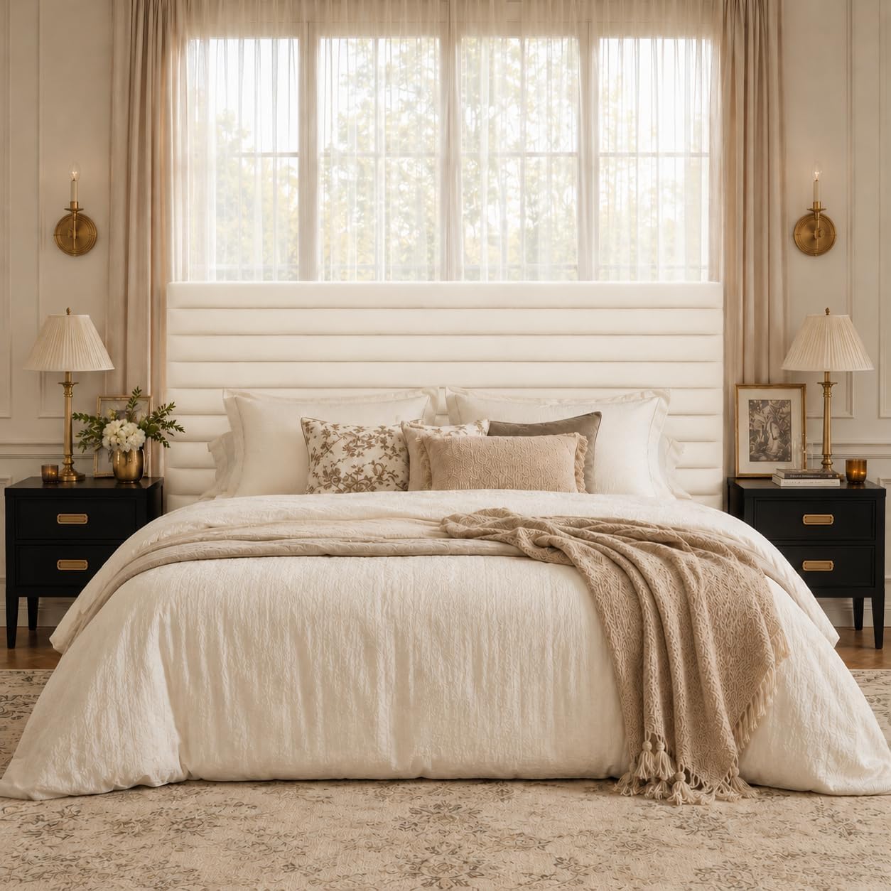 Allewie Queen Bed Frame, Velvet Upholstered Platform Bed with Adjustable Headboard, Horizontal Channel Design, Wood Slat Support, No Box Spring Needed, Noise Free, Easy Assembly, White